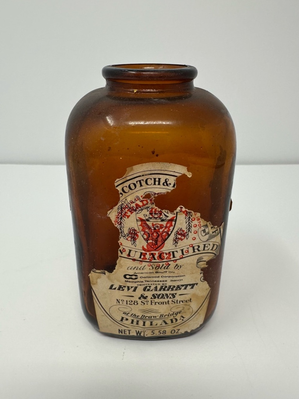Vintage Levi Garrett & Sons Amber Snuff‎ Bottle Jar Cork Scotch Rappee Empty A1